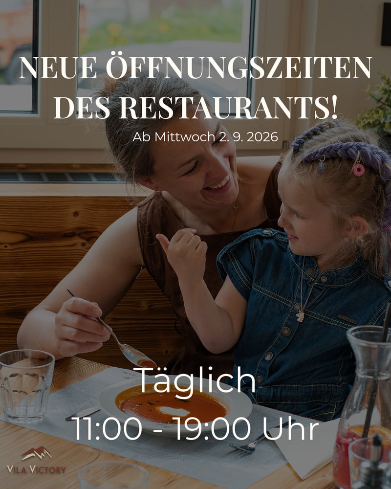 Neue Öffnungszeiten des Restaurants – ab 2. 9. 2026 täglich 11:00–19:00 Uhr
